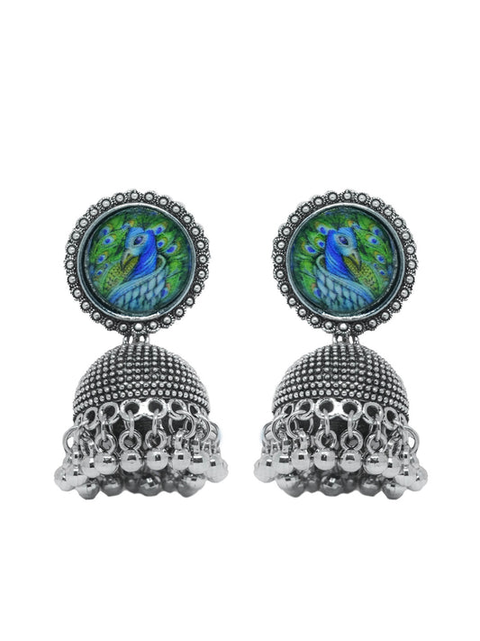 Silver-Plated Peacock Design Oxidized Jhumki