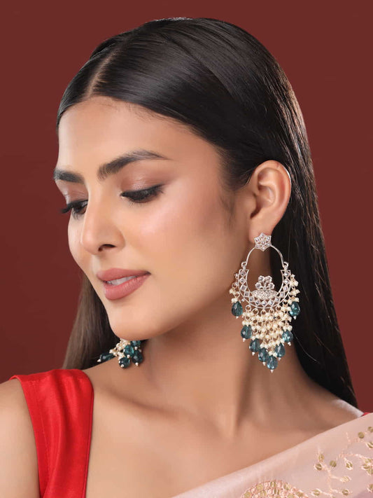 Gold-Plated Green Pearl Studded Dangle Earrings