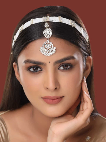 Gold-Plated White Kundan Studded Sheeshphool Matha Patti