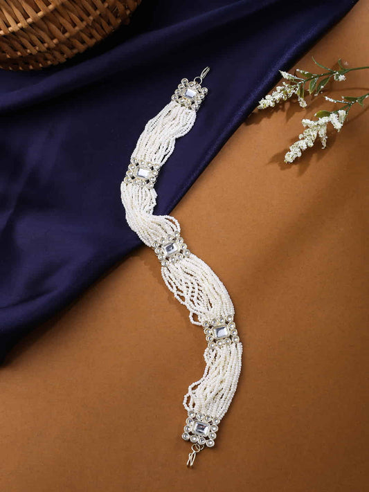 White Gold-Plated Kundan Studded & Beaded Sheeshphool