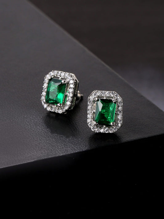 Square Rectangle Diamond Earrings - Green