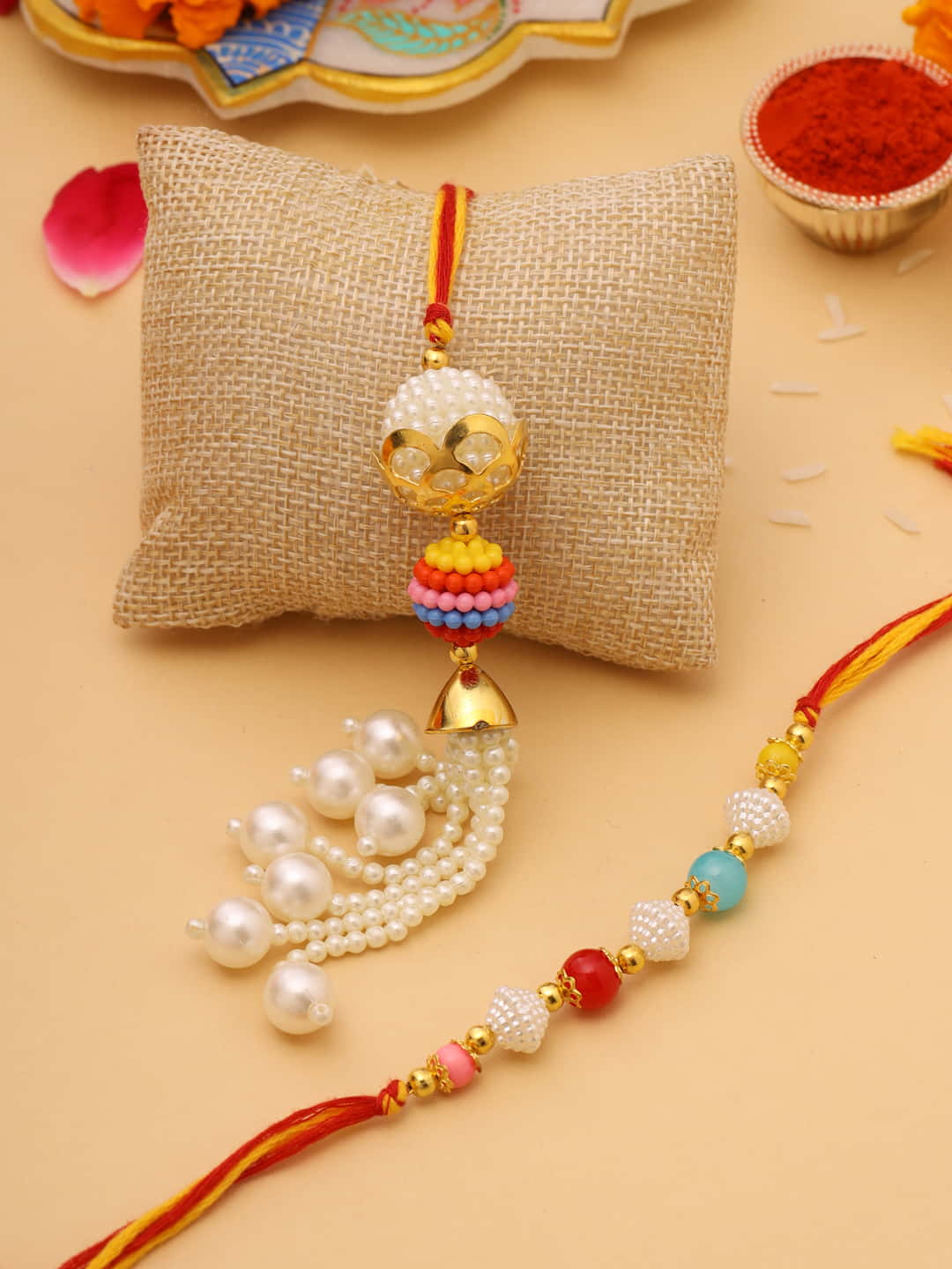 Multi-Color Pearls Bhai Bhabhi Rakhi-Viraasi