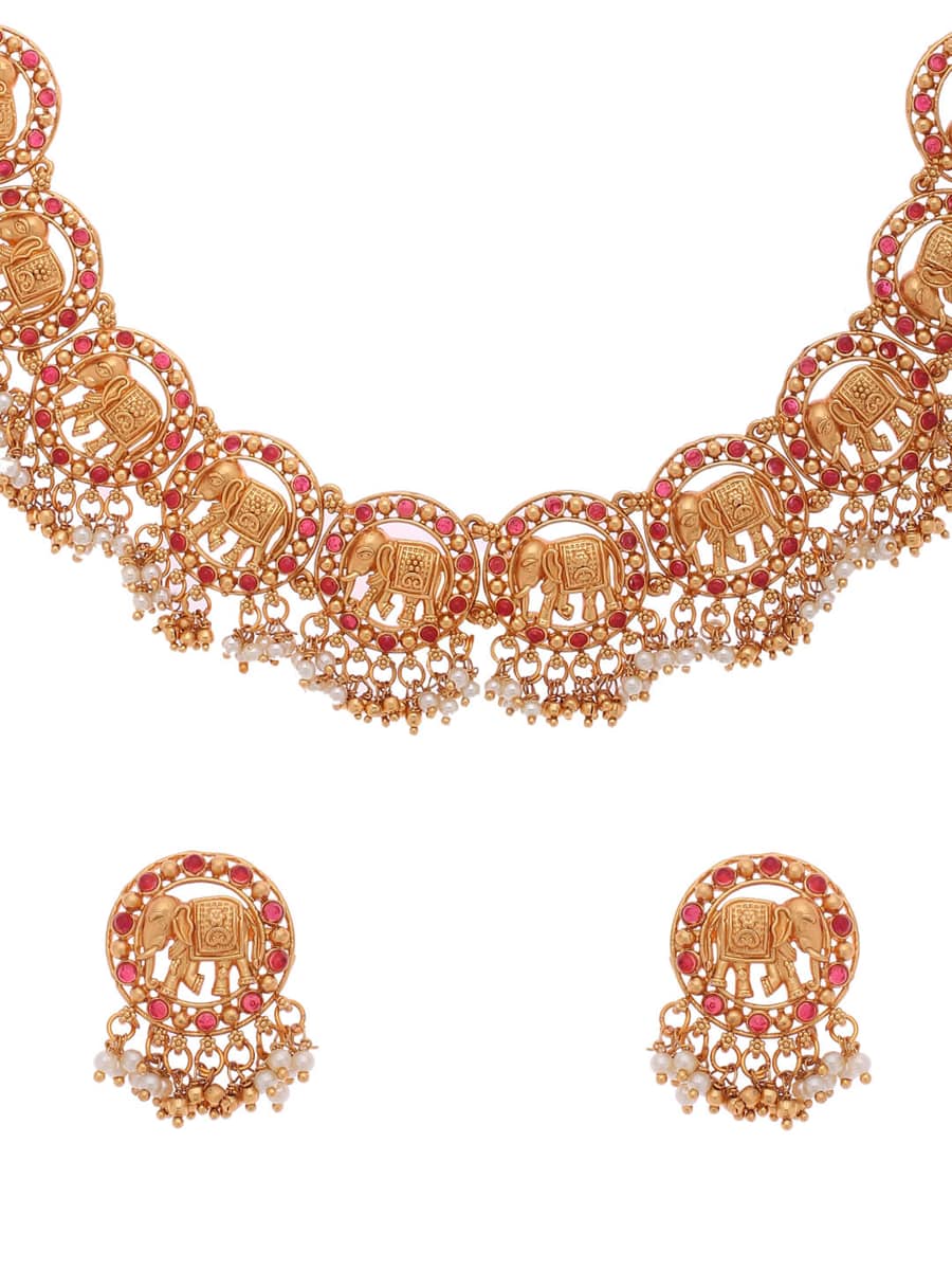 elephant-shape-gold-plated-choker-necklace-set-viraasi