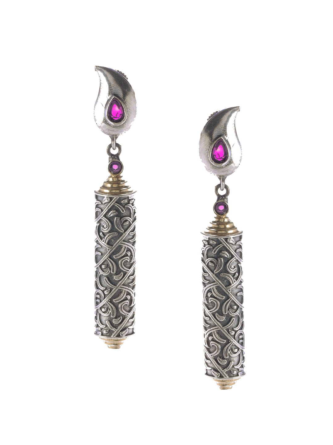 dual-tone-leaf-shape-dangle-earrings-with-pink-stone-viraasi