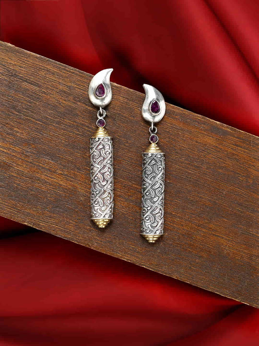 dual-tone-leaf-shape-dangle-earrings-with-pink-stone-viraasi