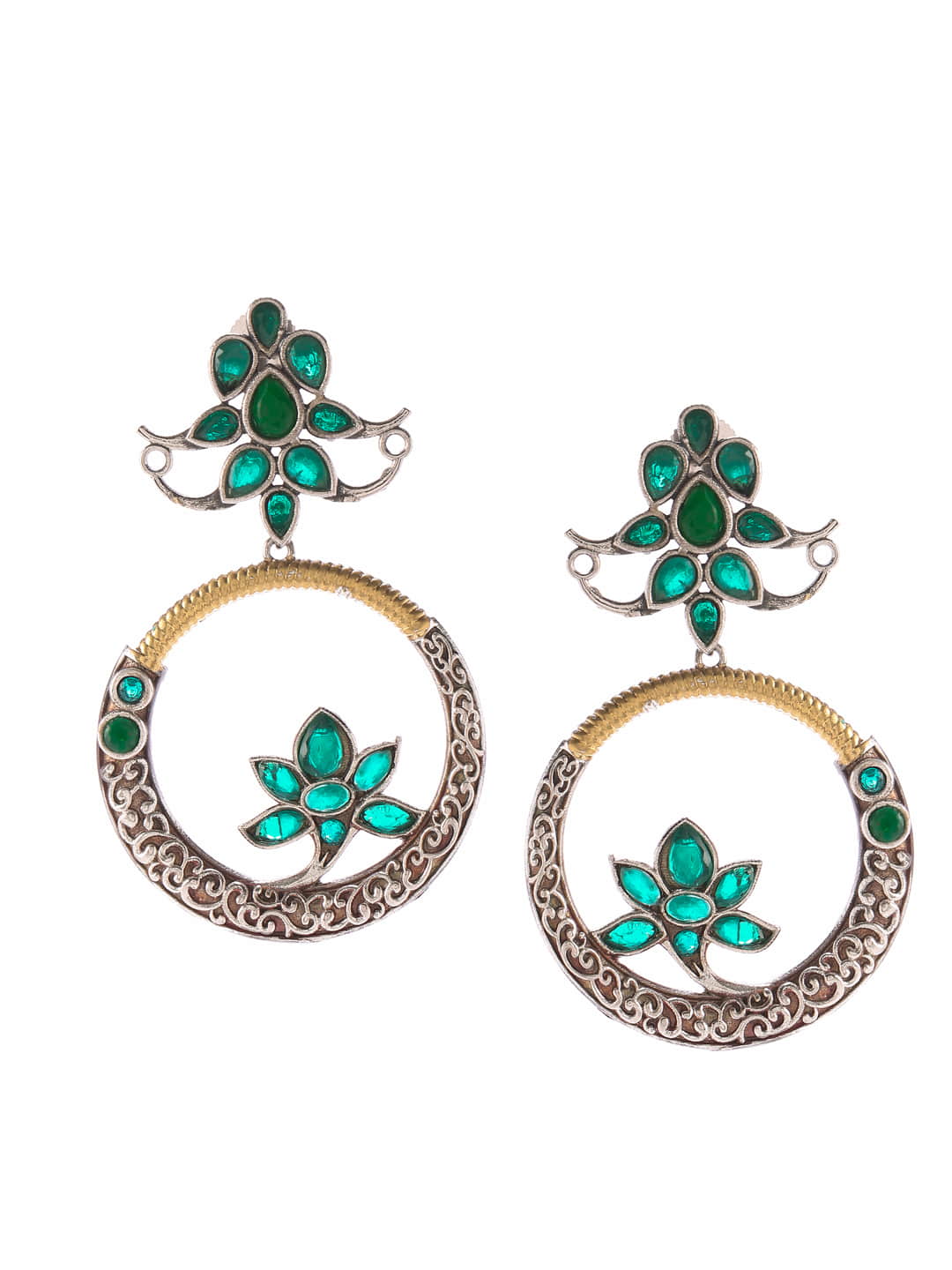dual-tone-round-shape-dangle-earrings-with-green-stone-viraasi