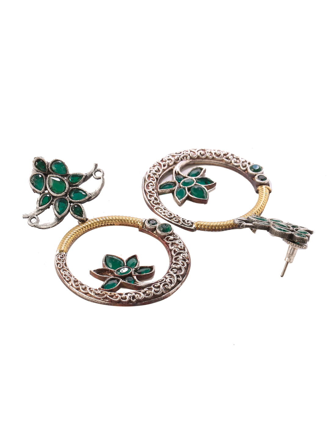 dual-tone-round-shape-dangle-earrings-with-green-stone-viraasi