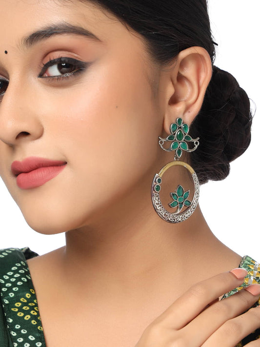 dual-tone-round-shape-dangle-earrings-with-green-stone-viraasi