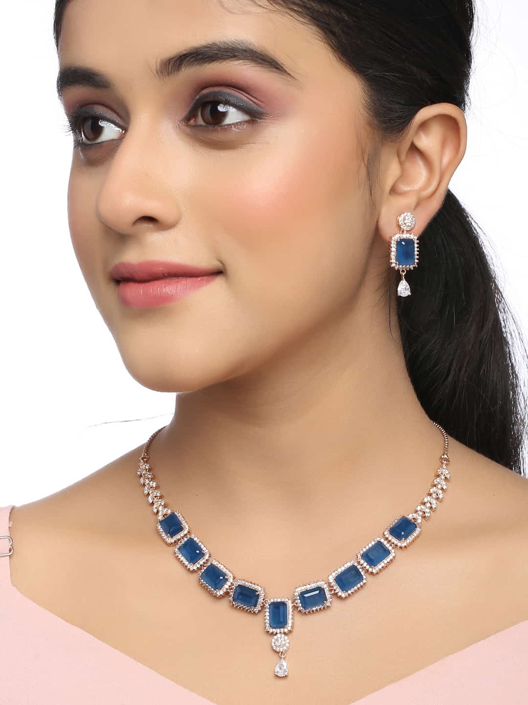rose-gold-plated-american-diamond-necklace-set-sapphire-color-viraasi