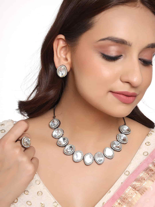 Oxidised Rhodium Plated AD Studded Jewellery Set for Women