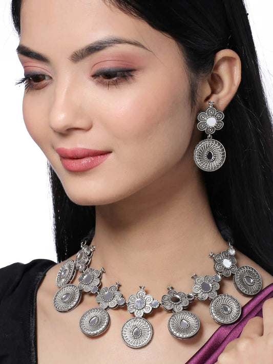 Oxidised Plated Mirror Necklace Set