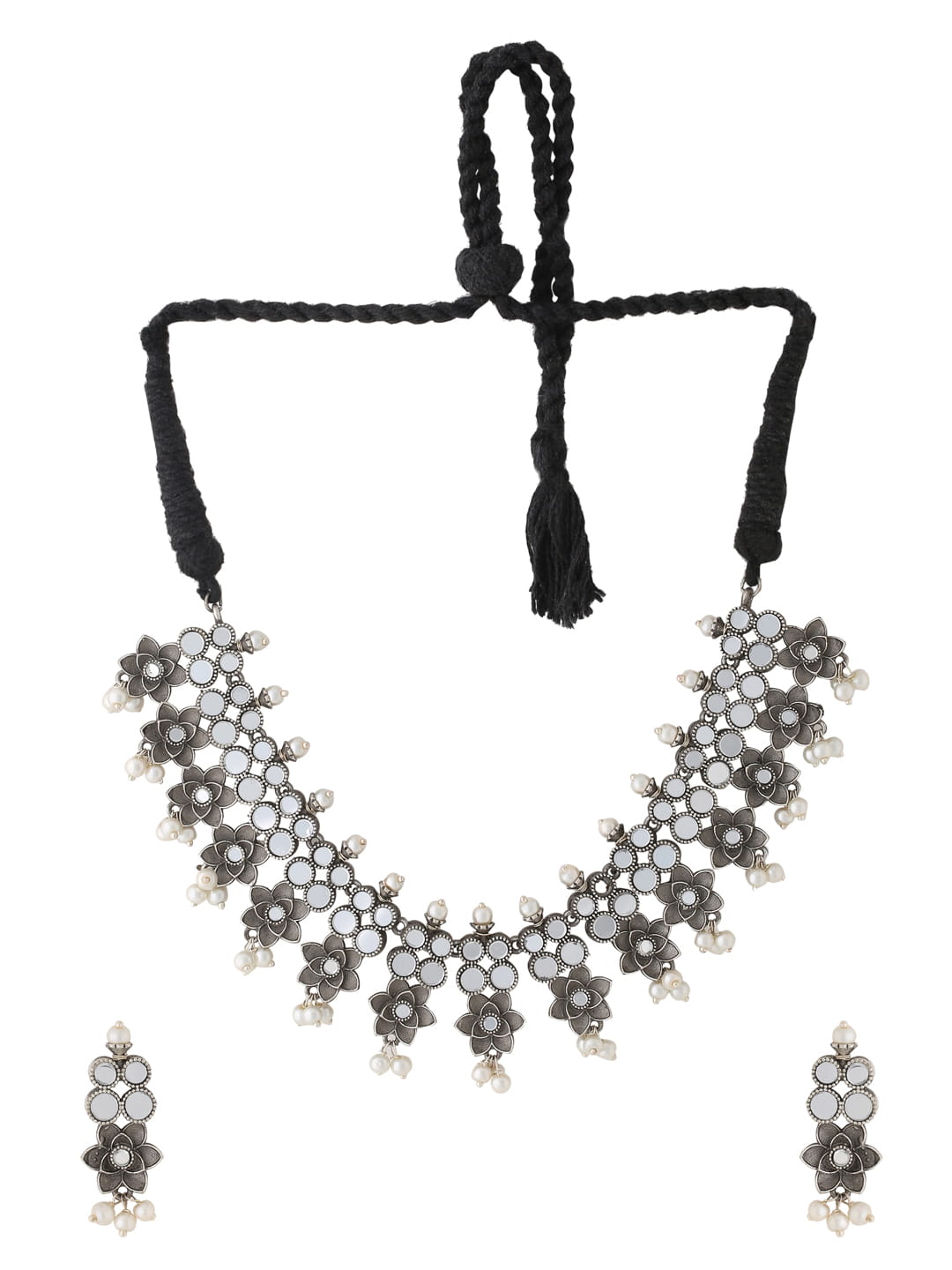 antique-oxidised-floral-shape-mirror-necklace-set-viraasi