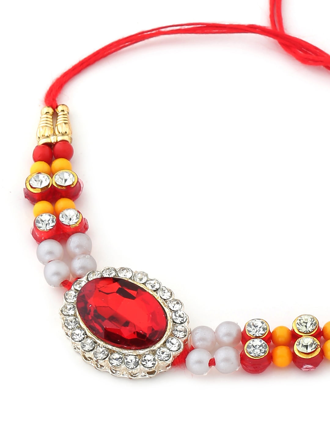 Red Stone and Diamond Studded Rakhi for Bhai-Viraasi