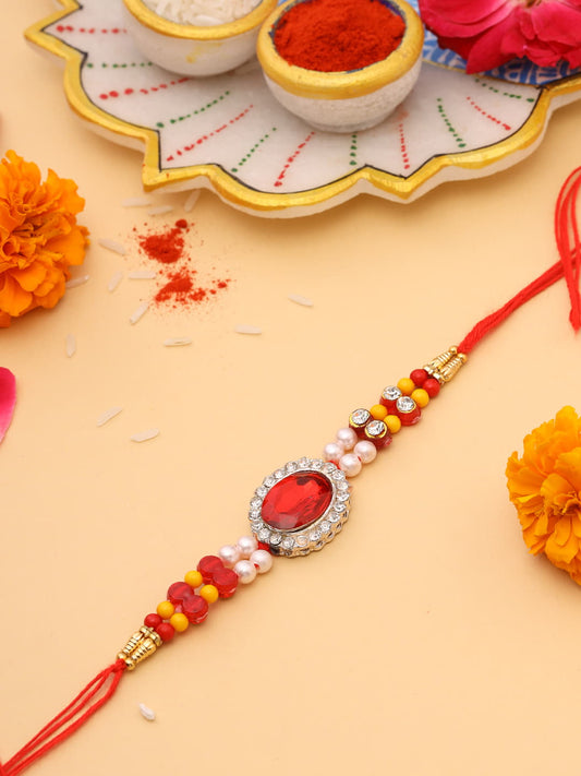 Red Stone and Diamond Studded Rakhi for Bhai-Viraasi