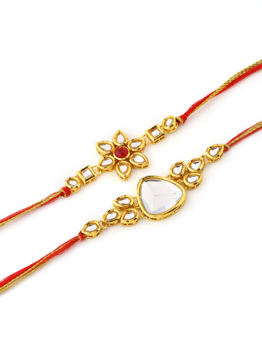 Set of 2 Red and Gold Toned Kundan Rakhi for Brother
