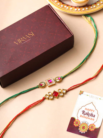 Set of 2 Red and Green Kundan Rakhi for Brother
