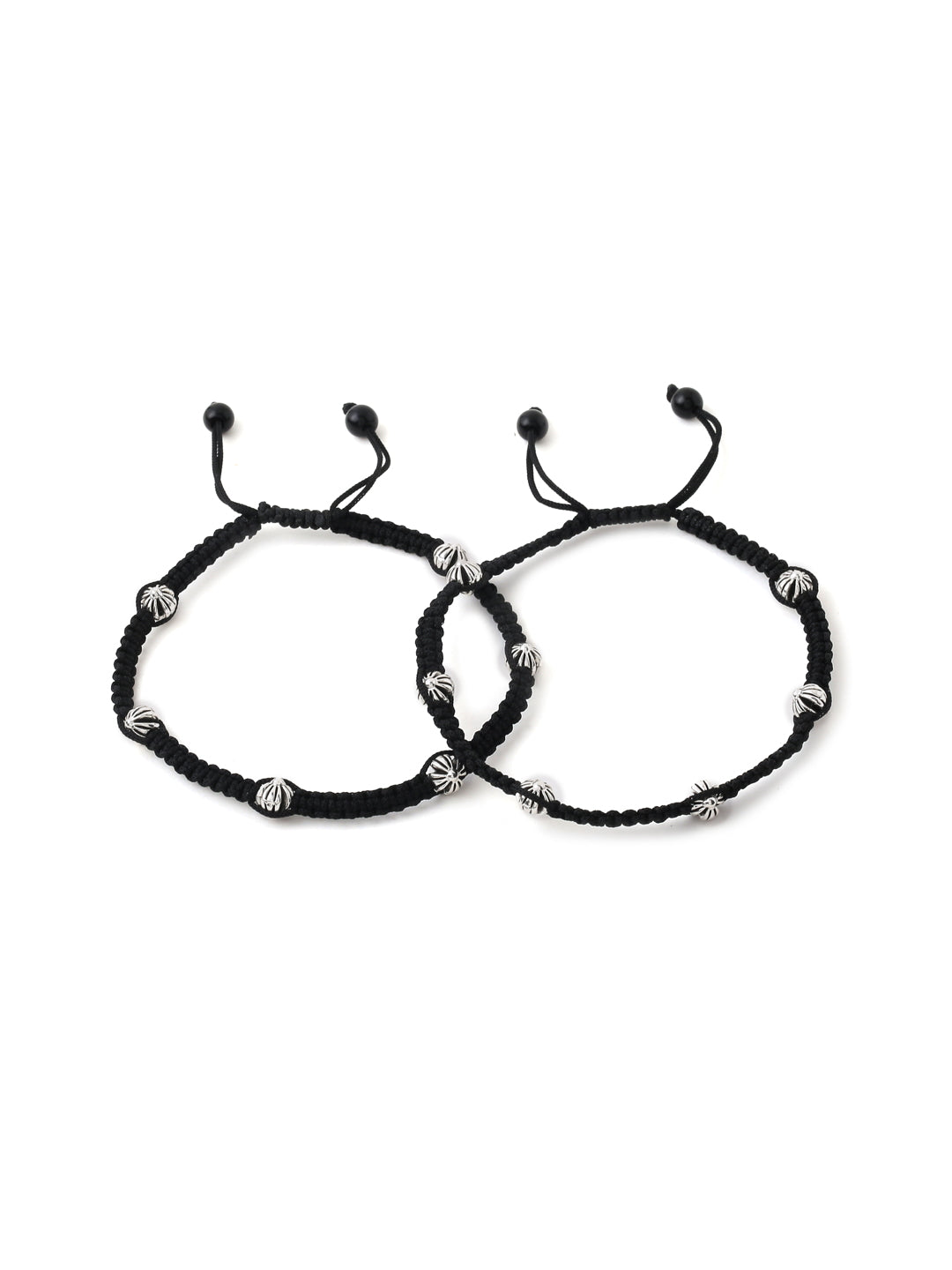 Black Silver-Toned & Beaded Adjustable Anklet-Viraasi