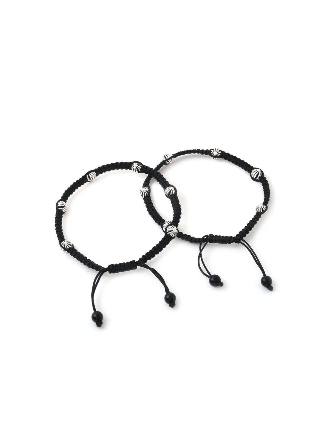 Black Silver-Toned & Beaded Adjustable Anklet-Viraasi