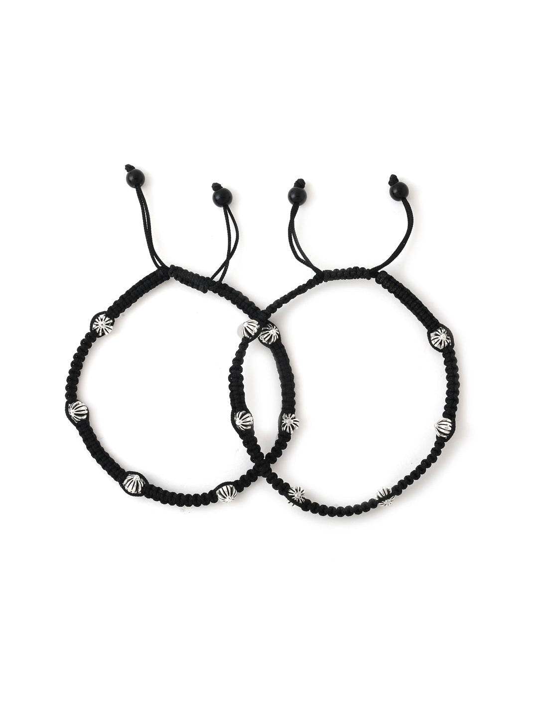 Black Silver-Toned & Beaded Adjustable Anklet-Viraasi