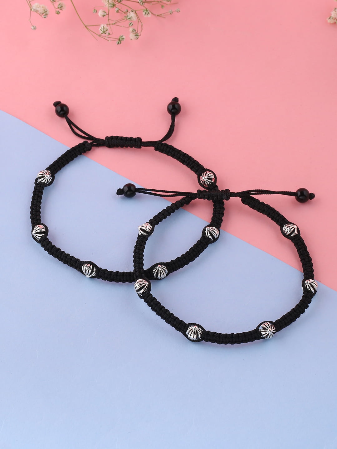 Black Silver-Toned & Beaded Adjustable Anklet-Viraasi