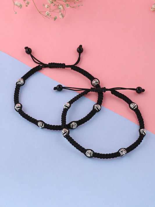 Black Silver-Toned & Beaded Adjustable Anklet-Viraasi