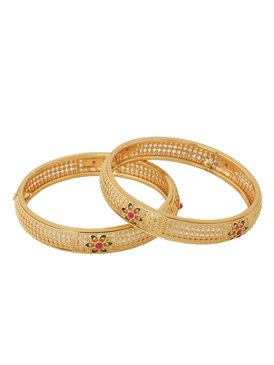 Gold Plated Flower Design Multicolor Stone Bangles - Set of 2