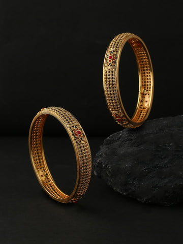 Gold Plated Flower Design Multicolor Stone Bangles - Set of 2