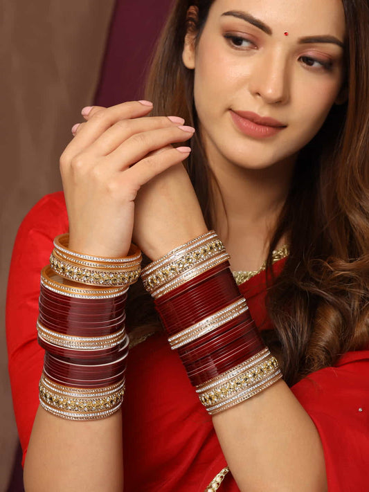 maroon-&-gold-Toned-&-plated-beaded-bridal-chura-viraasimaroon-&-gold-toned-&-plated-beaded-bridal-chura-viraasi