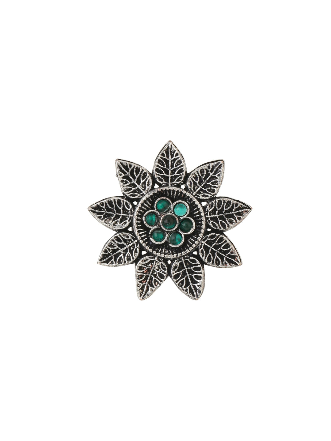 floral-shape-green-stone-studded-oxidised-ring-adjustable-viraasi