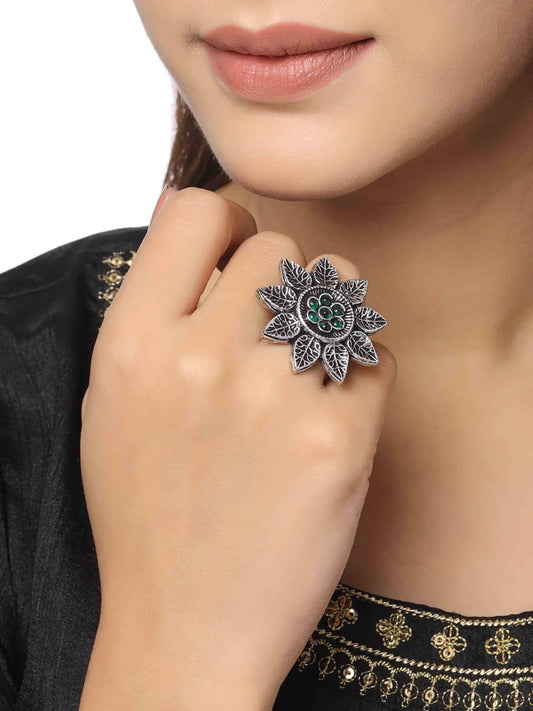 floral-shape-green-stone-studded-oxidised-ring-adjustable-viraasi