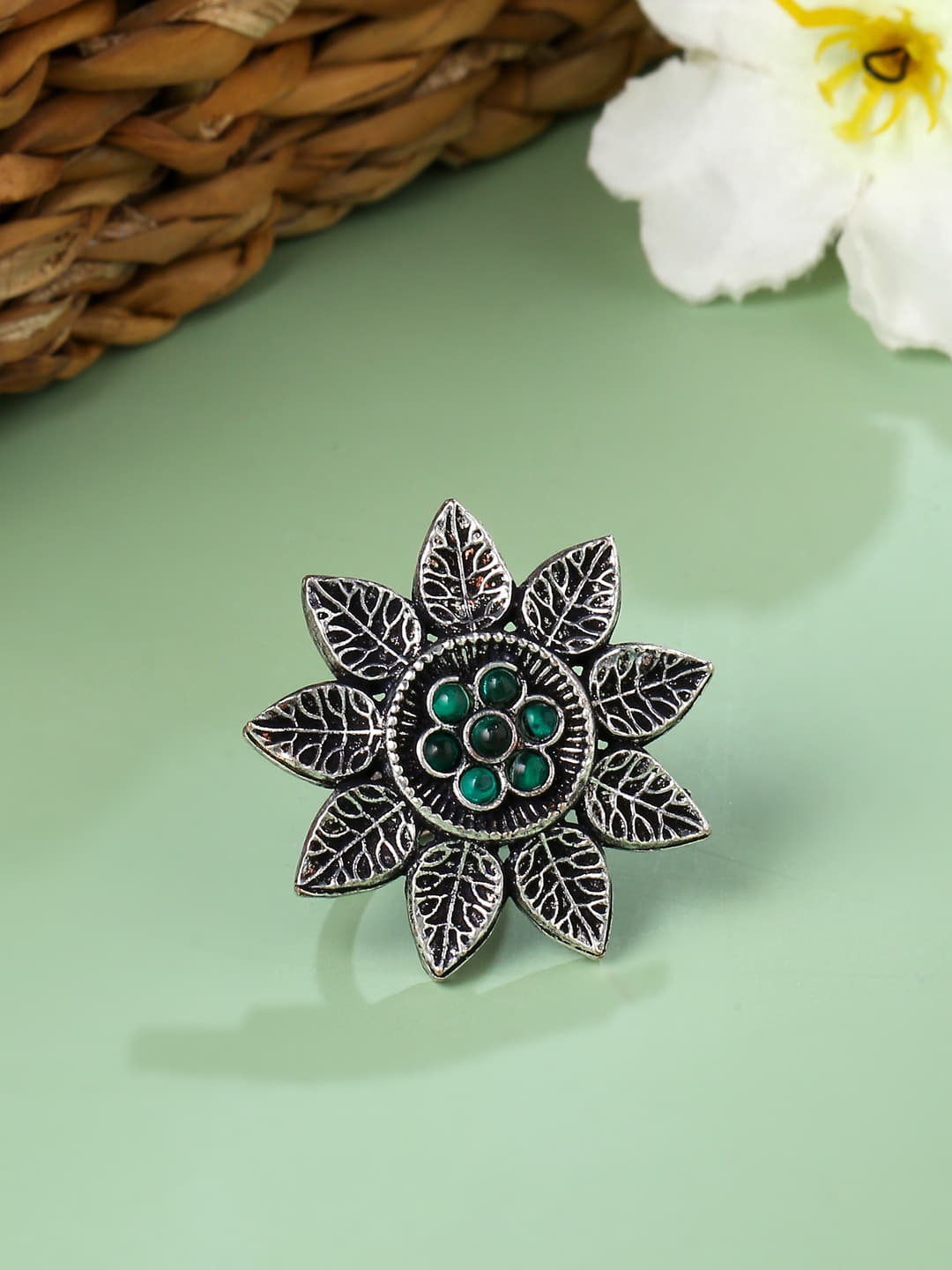 floral-shape-green-stone-studded-oxidised-ring-adjustable-viraasi