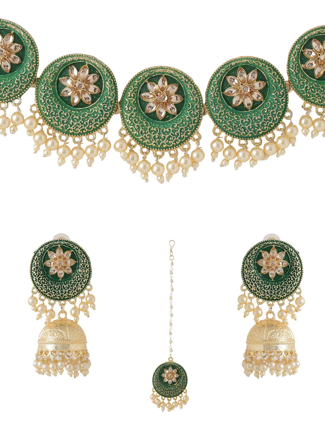 green-enameled-choker-necklace-set-with-maang-tikka-viraasi