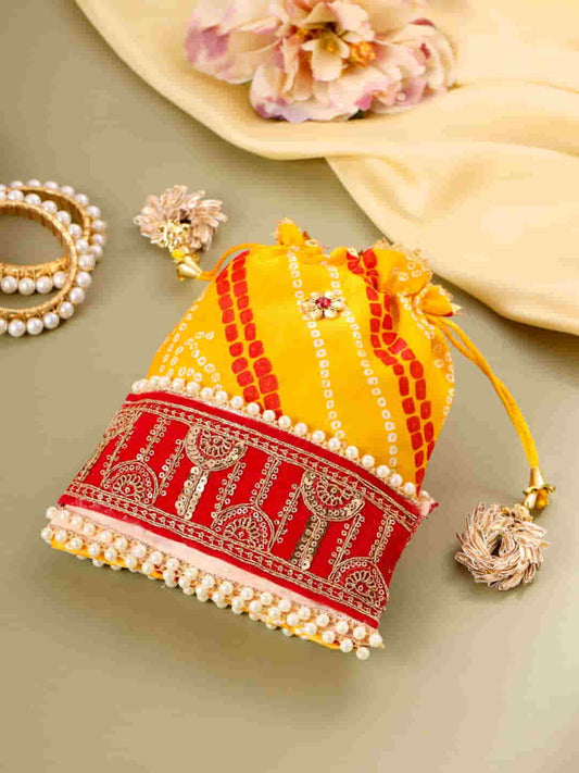 Viraasi Yellow Traditional Pearl Potli for Women
