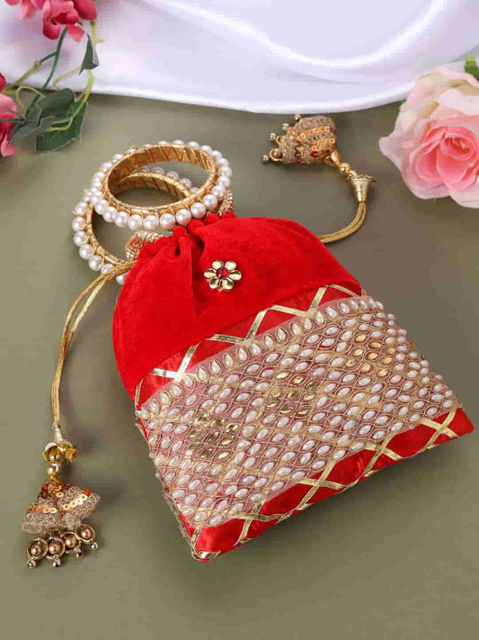 Viraasi Traditional Pearl Studded Red Potli for Women